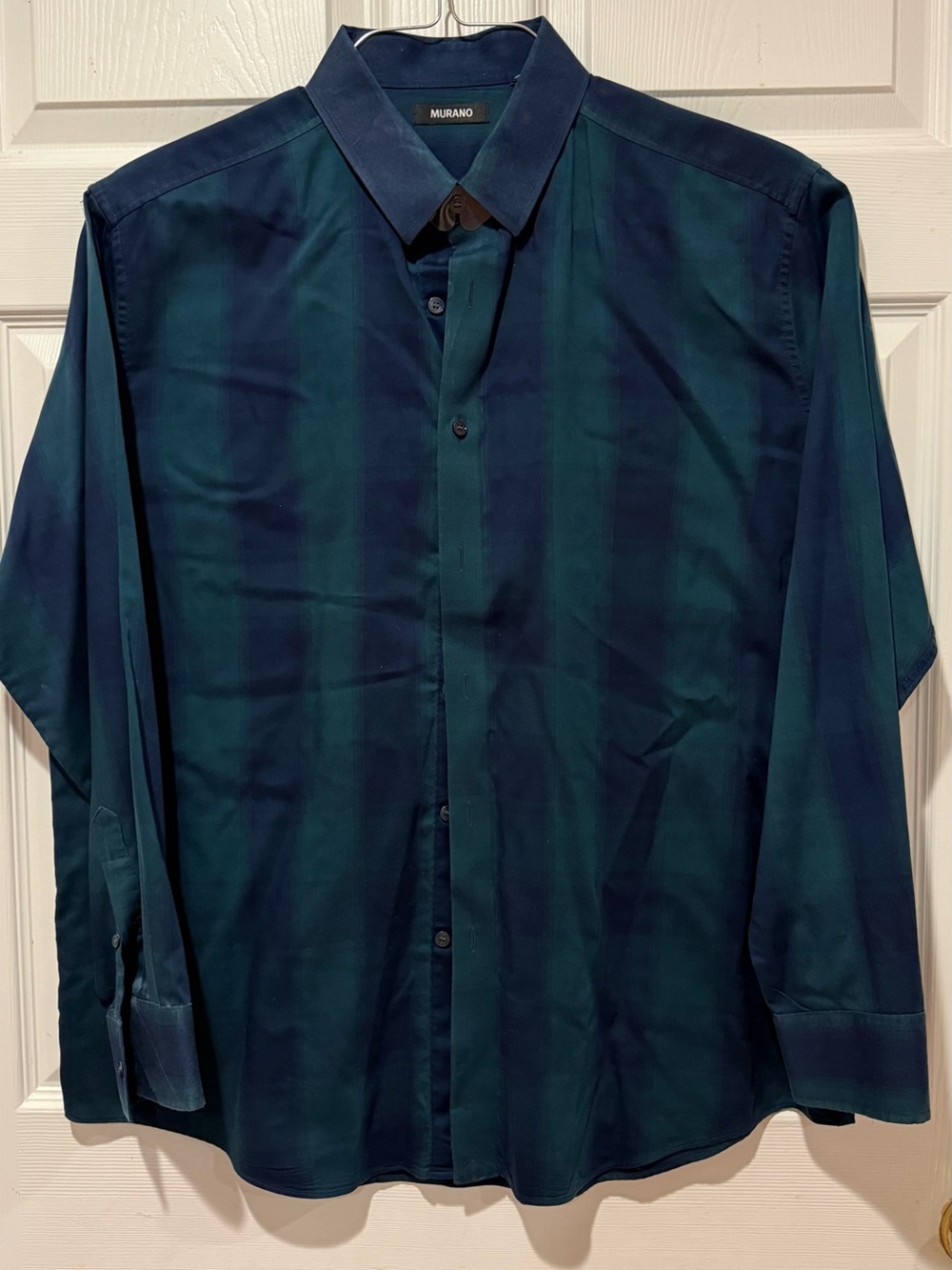 Murano Men's Teal and Navy Vertical Stripe Dress Shirt